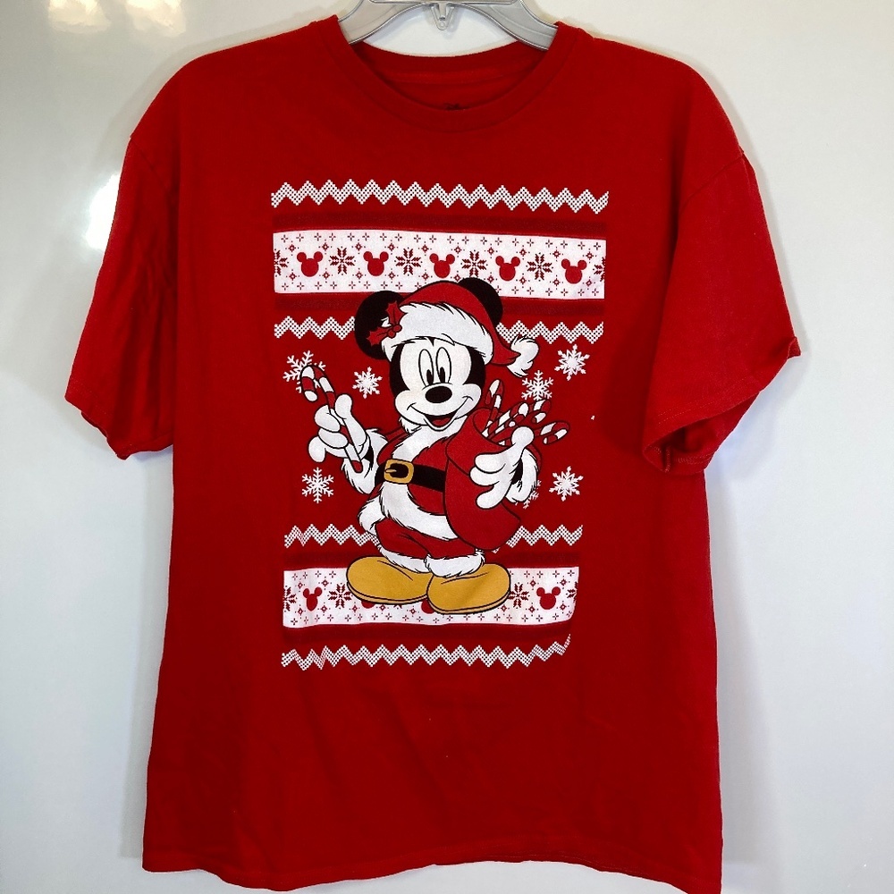 Disney Santa Mickey Mouse Shirt Sz L Red Short Sleeve Ugly Sweater Look